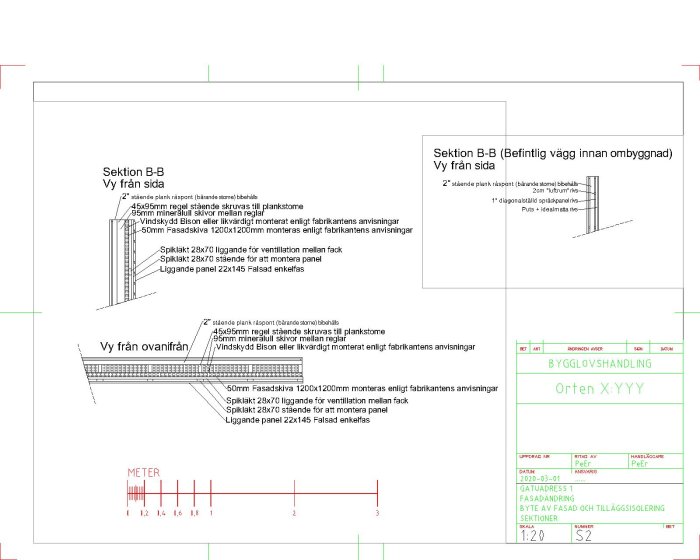 Arkitektonisk ritning av sektion B-B för fasadrenovering med träpanel och isoleringsskikt.