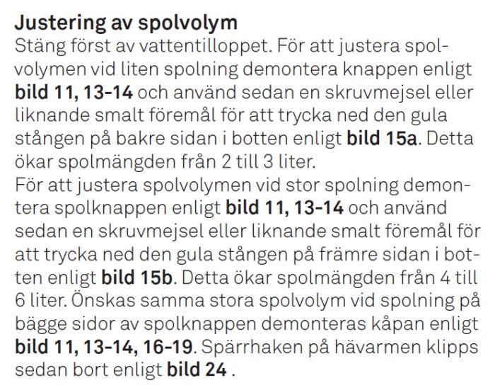 Skärmbild av text från en monteringsanvisning om justering av spolvolymer med specifika referenser till bilder.