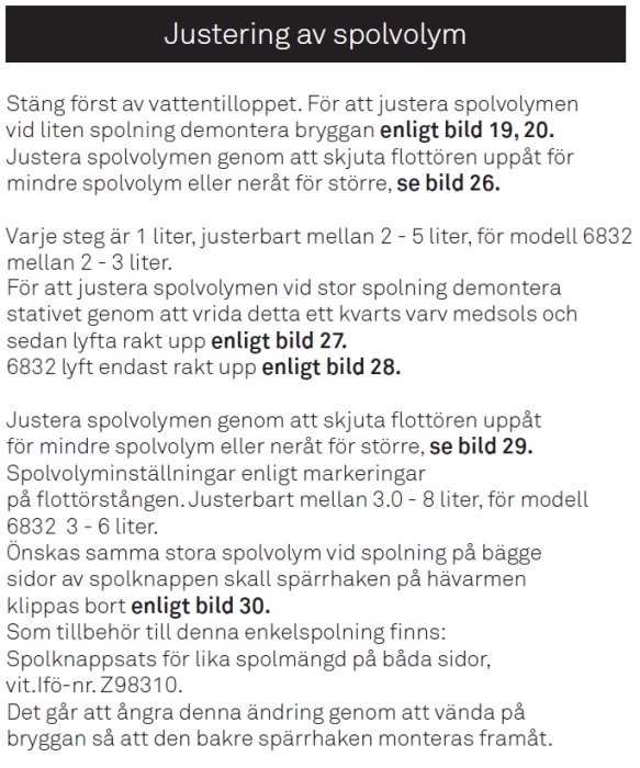 Skärmdump av textdokument med instruktioner för justering av spolvolym på en toalett.