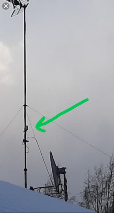 Antenn på mast med en grön pil som pekar på tänkt plats för antenförstärkare, omgiven av snötäckt landskap.