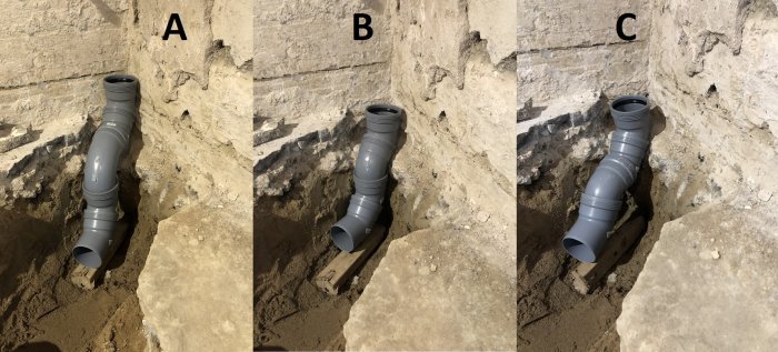 Tre PVC avloppsrör i grått i en grävd ränna, var och en markerad med A, B och C för olika installationsalternativ.