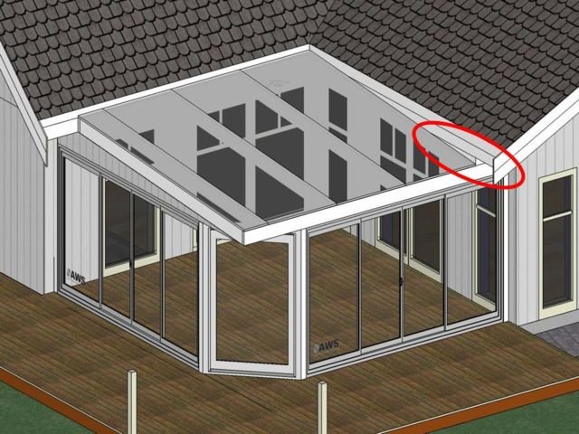 3D-modell av hus med befintligt tak och nytillägg av glastak över uterum, markerad bärlina på takstol.