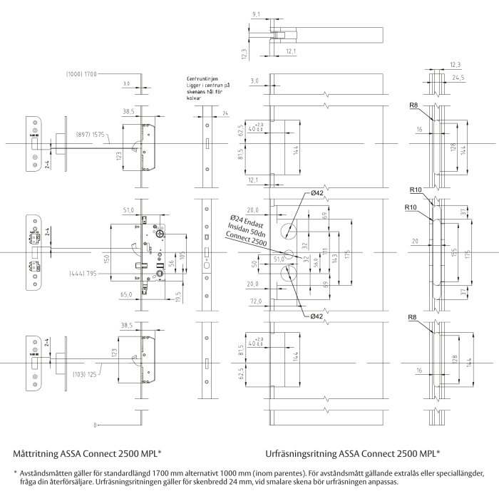 Teknisk ritning av låssystemet ASSA Connect 2500 MPL med måttangivelser och detaljbeskrivningar för installation.