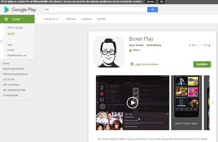 Skärmdump av Boxer Play-appen på Google Play Store med användargränssnitt och apparater.