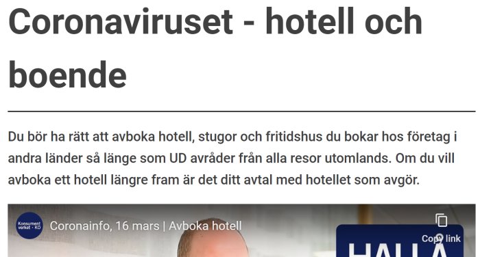 Skärmdump av en webbsida med text om rättigheter att avboka hotell p.g.a. coronaviruset.