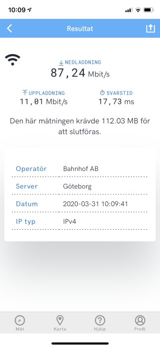 Skärmupptagning av Wi-Fi hastighetstest på iPhone med 87,24 Mbit/s nedladdning och 11,01 Mbit/s uppladdning via Bahnhof.