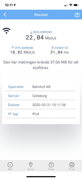 Skärmdump av Wi-Fi hastighetstest på iPhone med Bahnhof som operatör och 22,04 Mbit/s nedladdning.