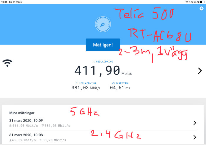 Skärmdump av hastighetstestresultat på en iPad med noteringar om Telia 500Mbit/s och 5 GHz Wi-Fi.