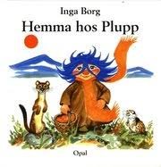 Illustration av barnboksfiguren Plupp med djurvänner från boken "Hemma hos Plupp".