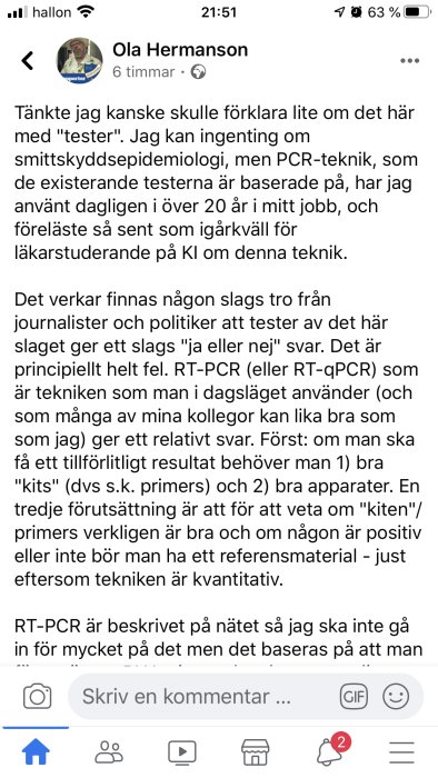 Skärmdump av Facebook-inlägg om PCR-testning och dess principer skrivet av en användare med namnet Ola Hermanson.
