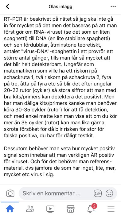 Skärmdump av ett Facebook-inlägg där en användare förklarar RT-PCR-testning med exempel på detektion av virus-DNA.