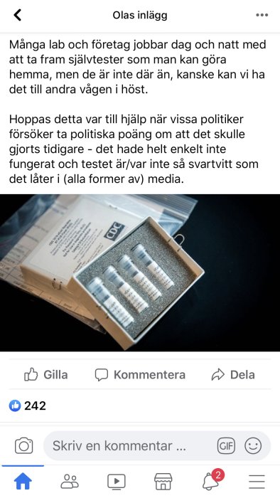 Facebook-inlägg om utveckling av självtester med bild på ett öppet testkit och instruktioner.