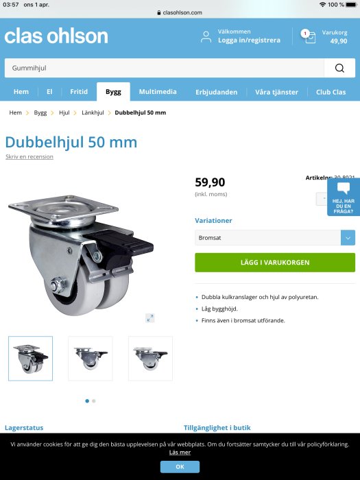 Dubbelhjul från Clas Ohlson på en webbsida med information om pris och funktioner, rekommenderade för användning på verktyg och bord.