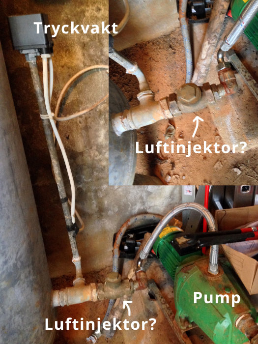 Rörinstallation i källare med märkning av tryckvakt, möjlig luftinjektor och pump.