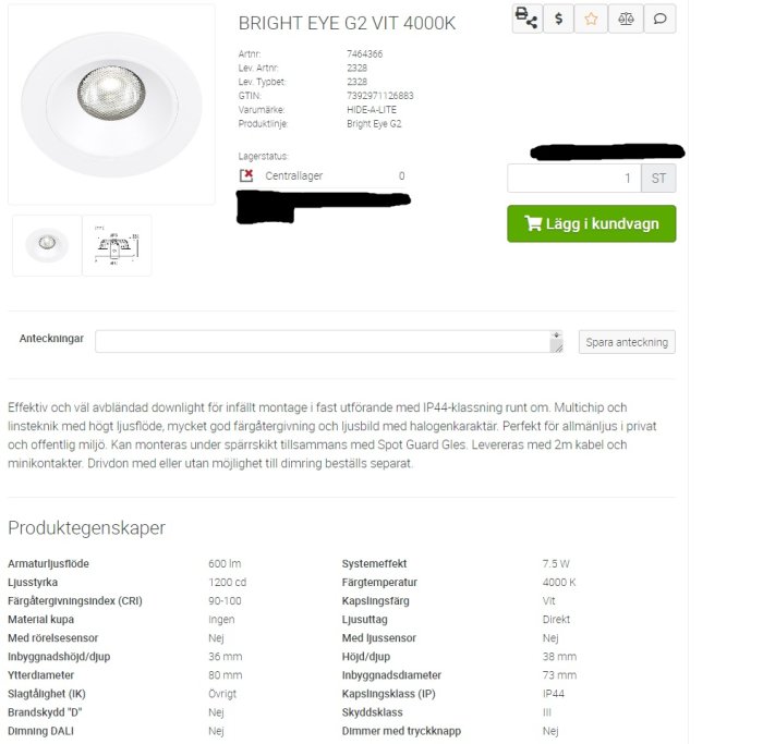 Produktbild av en inbyggd downlight, BRIGHT EYE G2 VIT 4000K, skärmdump av en webbshop med teknisk specifikation.