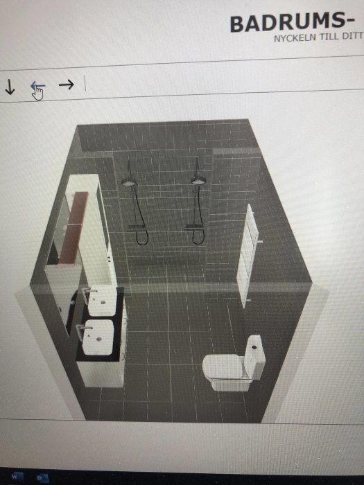 3D-ritning av ett badrum med dusch, tvättställ och toalett, problem med belysning över spegel.