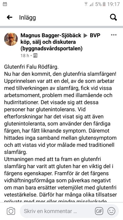 Skärmdump av diskussionstråd om glutenfri slamfärg i ett byggnadsvårdsforum.