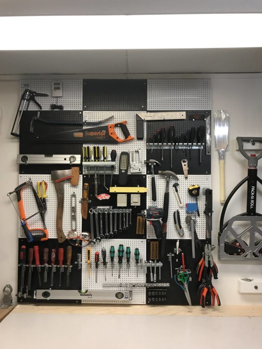 Organiserad verktygstavla med utrymme överst, innehåller såg, skruvmejslar och nycklar.