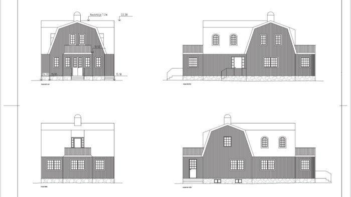 Arkitektritningar av ett hus med mansardtak och tillbyggnad i plan.