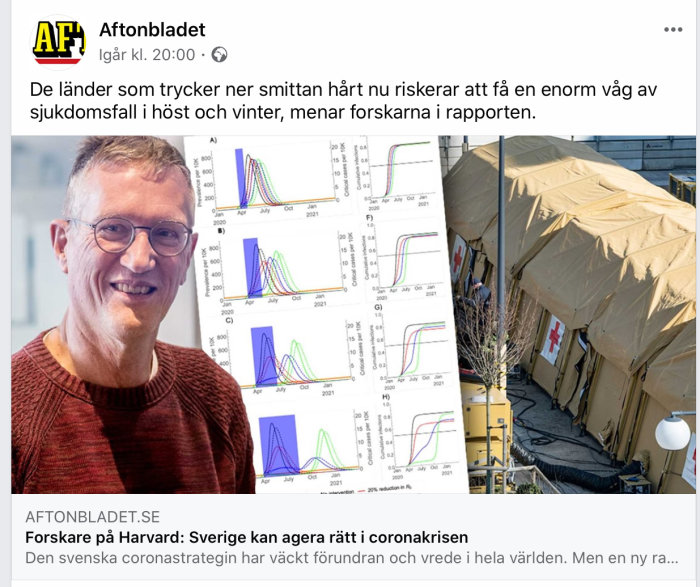 Skärmklipp av en artikel på Aftonbladet med bild på en leende man och grafiska modeller, samt ett fältlasarett.