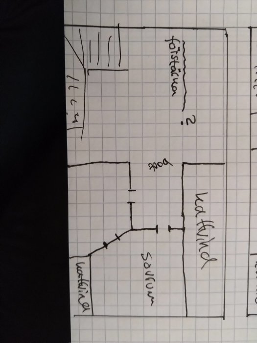 Handritad skiss på förändring av väggstruktur i hus med mått och anteckningar.