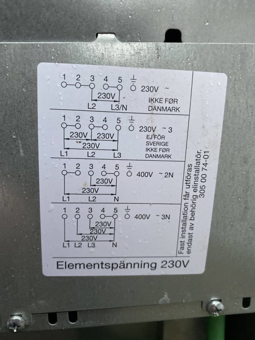 Elkopplingsschema på en spis som visar olika konfigurationer för 230V och 400V anslutningar.