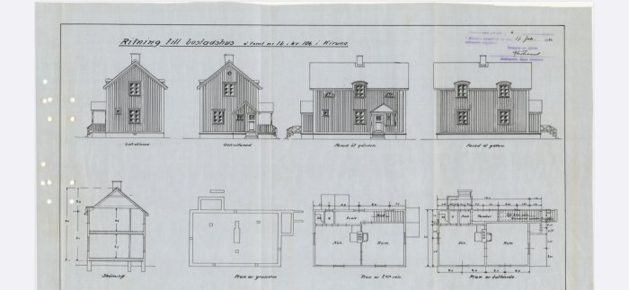 Arkitektritningar på ett bostadshus från 1926 med fasad- och planvyer samt sektioner.