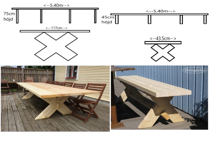 Ritningar och färdigt resultat av ett handbyggt matbord med kryssben i trä på en utomhusterrass.