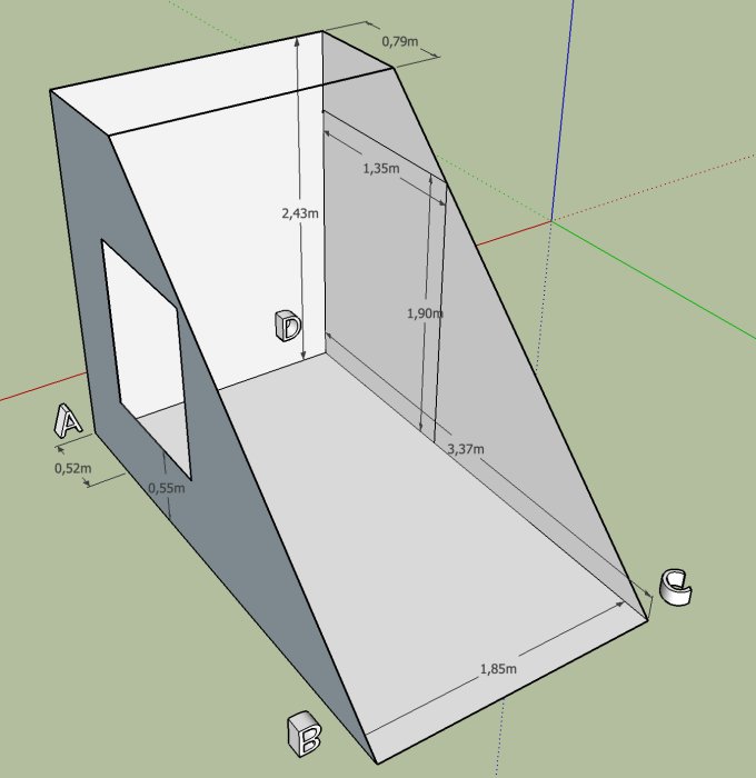 3D-skiss av ett litet badrum med måttangivelser och potentiell dörrplacering.