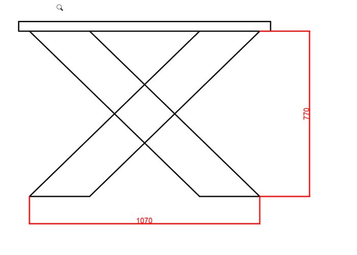 Ritning av en bordsskiva ovanifrån med måttangivelser, 1070 mm bred och 710 mm hög.