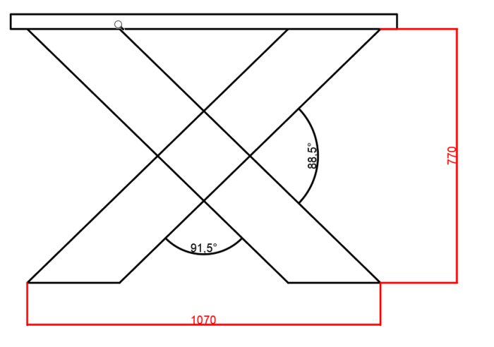 Ritning av snedstöd för bord med måttangivelser.