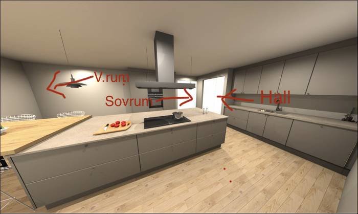 Modernt kök med öppen planlösning, köksö och inbyggda skåp med riktade pilmarkeringar till vardagsrum, sovrum och hall.