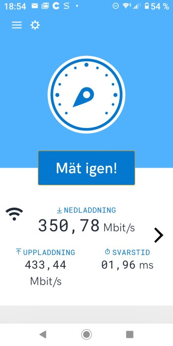 Skärmdump av internethastighetstest som visar nedladdningshastighet på 350,78 Mbit/s och uppladdningshastighet på 433,44 Mbit/s.