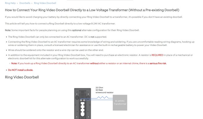 Instruktionsdiagram för att ansluta Ring Video Doorbell direkt till en 8-24V AC-transformator utan befintlig dörrklocka.