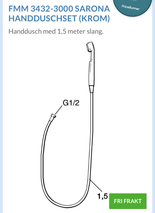 Handduschset med märkning G1/2 och 1,5 meter slang, FMM 3432-3000 SARONA (krom).