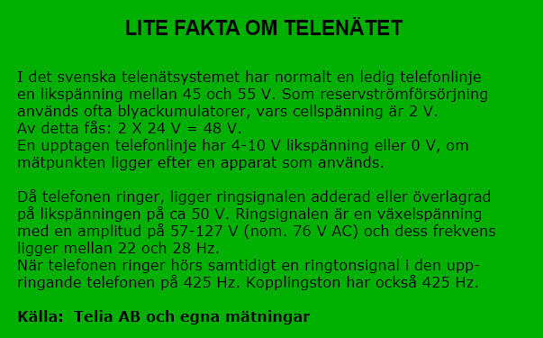 Bild av text med information om det svenska telenätet, inklusive spänningsnivåer, ringsignaler och frekvenser, med källhänvisning till Telia AB.