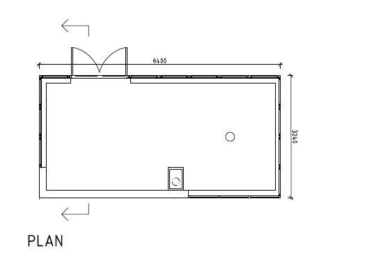 Ritning av grunden till ett Attefalls-Orangeri med måttangivelser, inklusive placering av golvbrunn.