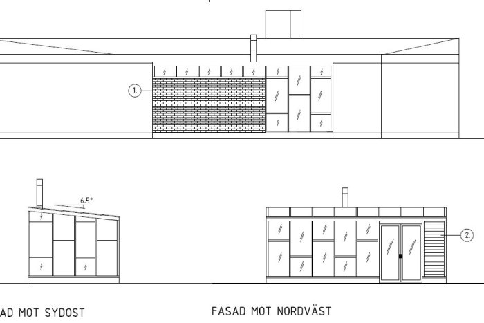 Ritningar för Attefalls-Orangeri med detaljerade fasadvyer mot sydost och nordväst.