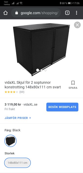 Svart konstrotting soptunneskydd för två sopkärl, dimensioner 148x80x111 cm.