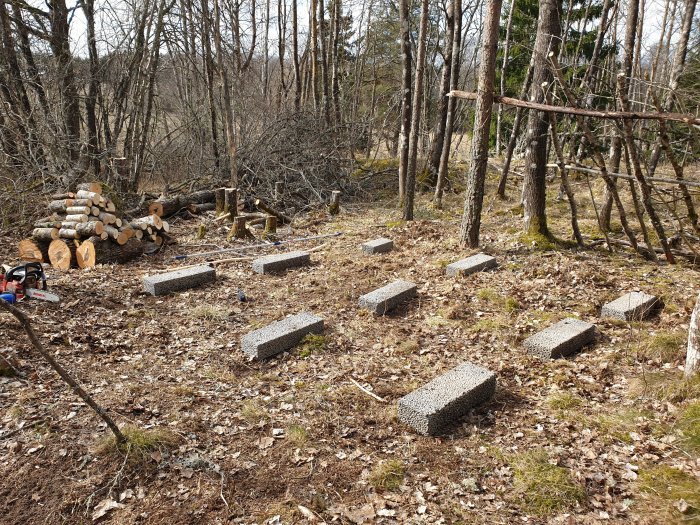 Nio Leca-block jämnhögt placerade i skogsmark, förberedda för byggstart med vattenpasskontroll.