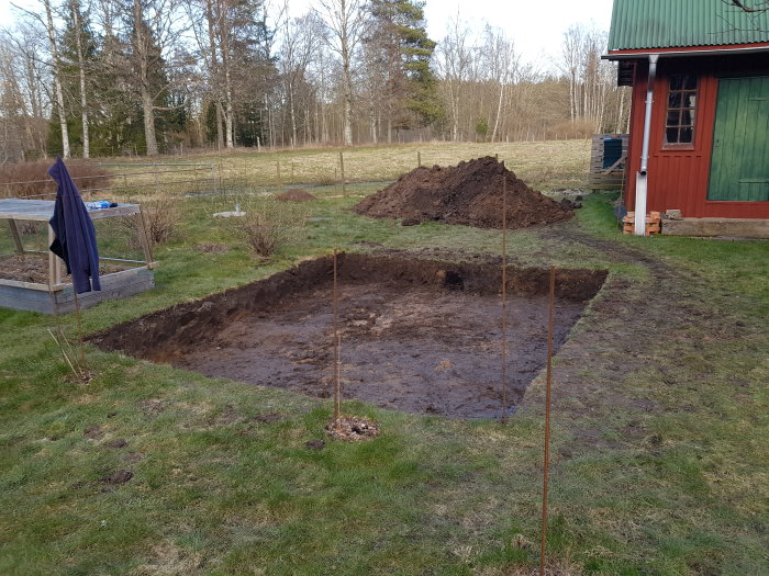 Nygrävd plats för växthus med jordhög och trädgårdsredskap i en bakgård.