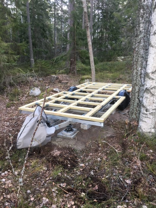 Ramverk av takstolar och reglar under uppbyggnad i en skogsmiljö, med markförankring och påbörjat tak.