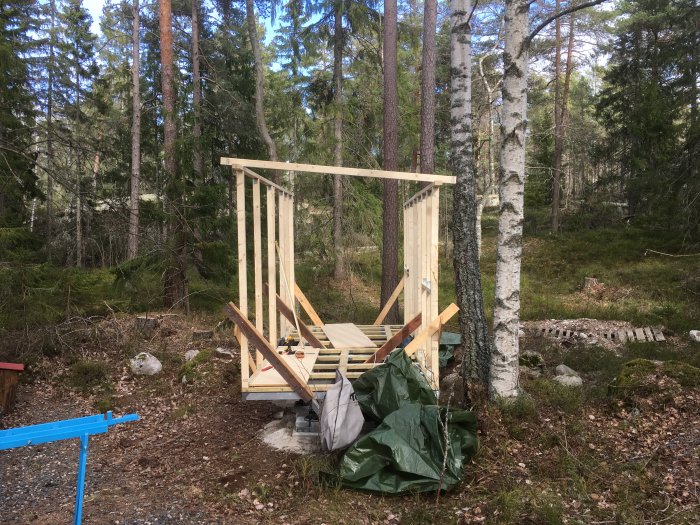 Ramverk av en byggnadsstomme i skogsmiljö med reglar och början till takstolar uppsatta.