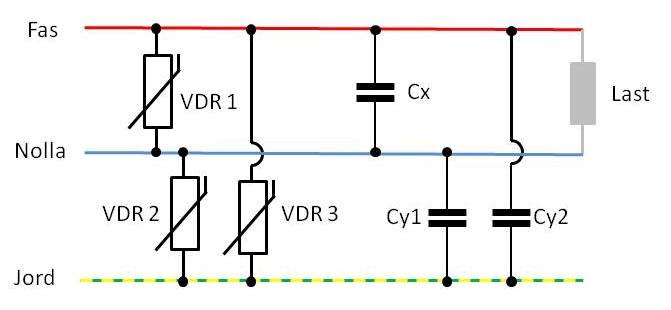 Elektriskt kopplingsschema som visar VDR-motstånd och kondensatorer för skydd mot spänningsspikar.