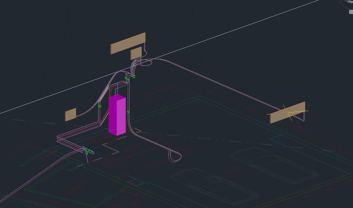 3D-ritning av ett värmesystem för hus och garage med markerade rör och komponenter.