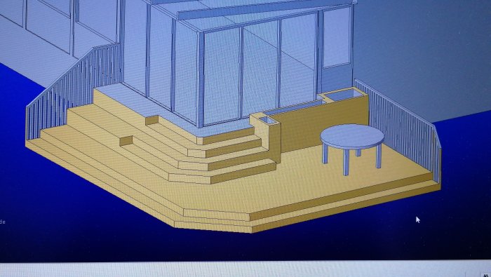 3D-ritning av ett planerat altanbygge med trappsteg och sittyta vid ett uterum.