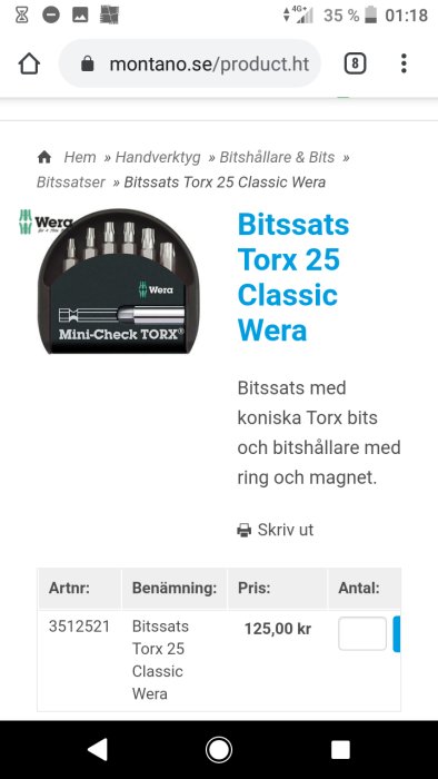 Produktbild av Wera Bitssats Torx 25 Classic med koniska bits och bitshållare visas på en webbshop.