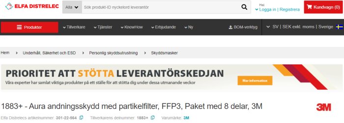 Skärmbild av en webbutik som visar 3M Aura 1883+ andningsskydd med partikelfilter FFP3 i ett paket om 8.