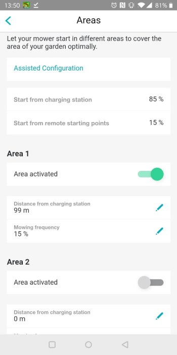 Skärmdump av gräsklippares inställningsapp med områdeskonfiguration för klippstart.