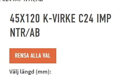 Screenshot av produktsida med text om konstruktionsvirke 45x120 mm K-virke C24 imp NTR/AB.